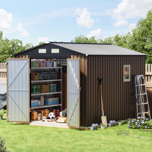 Image of Breezz 10X8FT Outdoor Steel Storage Shed with Clear Window, Lockable Doors, Frame Floor,Weather-Resistant Metal Tool Shed for Garden, Backyard, Patio, and Utility Storage Brown