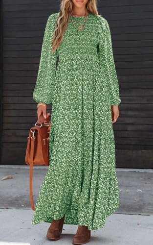 Image of PRETTYGARDEN Women's Fall Dresses 2026 Long Sleeve Flowy Casual Floral Maxi Dress Crew Neck Smocked Tiered Long Dress