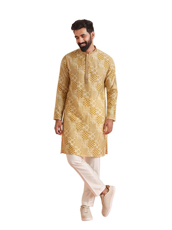 Kisah Mens Kurta Trouser Set|Cotton Blend Fabric Printed Pattern Mens Ethnic Wear|Regular Fit Mandarin Collar Long Sleeves, Mustard, 40