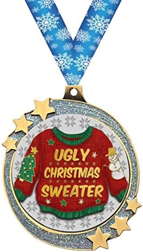 Crown Awards Ugly Christmas Sweater Silver Glitter Award Medals, 2.5" Gold Shooting Star Ugly Sweater Trophies Prime