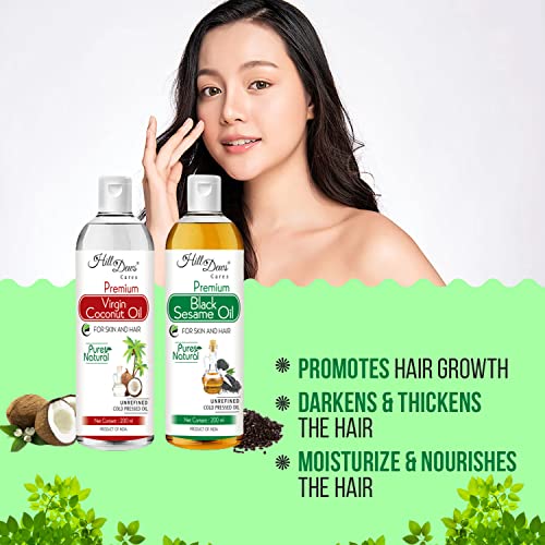Image of HillDews Virgin Coconut Oil (200 ml) and Black Sesame Oil (200 ml) Combo - Cold Pressed - Moisturizes the Skin and Nourishes Soft and Shiny Hair (200 ml + 200 ml)