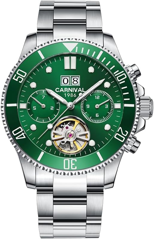 Carnival Skeleton Men's Watch,Luxury Stainless Steel Sports Automatic Mechanical Wristwatch,100FT Waterproof Hands Self-Wind Watchwaterproof