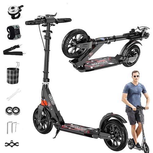 Cityroller Tretroller Erwachsene 150 kg Tragkraft, City Roller Kinder 200mm Big Wheel Scooter mit Bremsen und Stoßdämpfern, Kickboard Klappbar & Höhenverstellbar, Schwarz