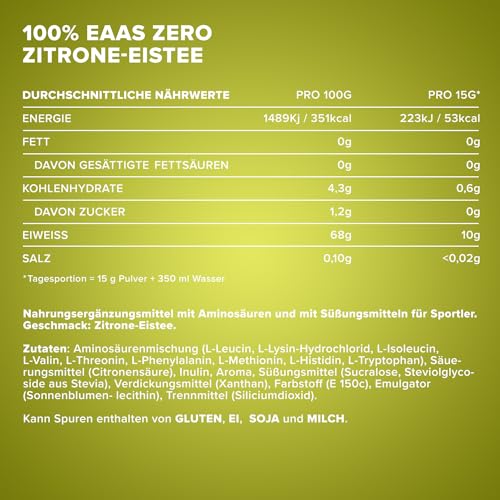 100% EAAs Zero Ice Tea Lemon 500g - EAAs Pulver hochdosiert, Vegan und zuckerfrei, 8 essentielle Aminosäuren zur Ergänzung deiner Sporternährung 4