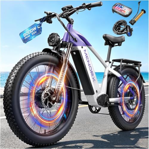 8000W Peak 60V 32AH Dual Motor Ebike for Adults, 50 MPH, Removable Built-in LG Battery, 120 Miles Long Range, 26x4 Fat Tire, Hydraulic Disc Brake, Lockout Dual Suspension, Off-Road Mountain Ebike