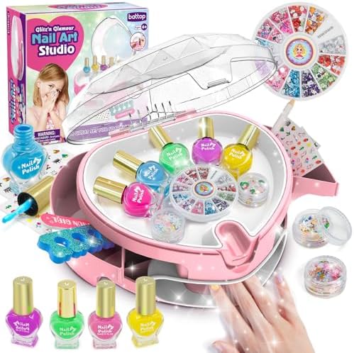 BATTOP Kids Nail Polish Set for Girls, Kids Nail Kit with Organizer Nail Dryer、Polish 、Stickers、Gems and Filer - Ideas Gift for Girls 6 7 8 9 10 11 12 - Dress-Up Toy - Pink
