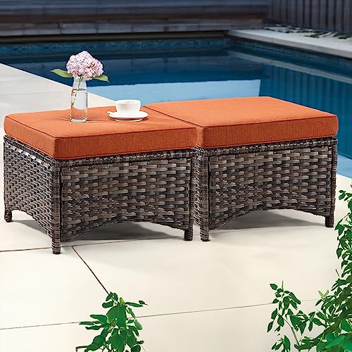 MeetLeisure Outdoor Ottomans for Patio Set of 2 PE Wicker Steel Frame Outdoor Footstool with Removable Olefin Cushions for Patio, Backyard and Deck, Orange