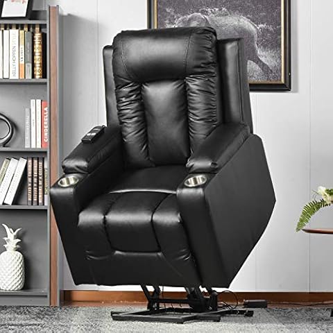 BTM Power Lift Chair Electric Riser Recliner for Elderly Leather Sofa Recliner Armchair Living Room Chair with Side Pocket and Cup Holders, Functional w/Remote Control, Black Cover