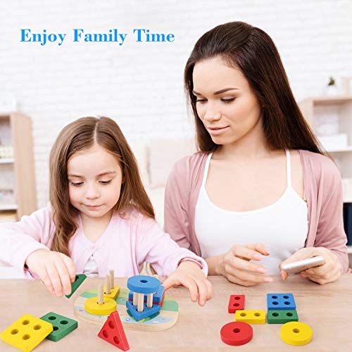 NASHRIO Wooden Educational Preschool Toddler Toys Shape Color Sorting and Stacking Blocks for Age 1 2 3 Boys and Girls