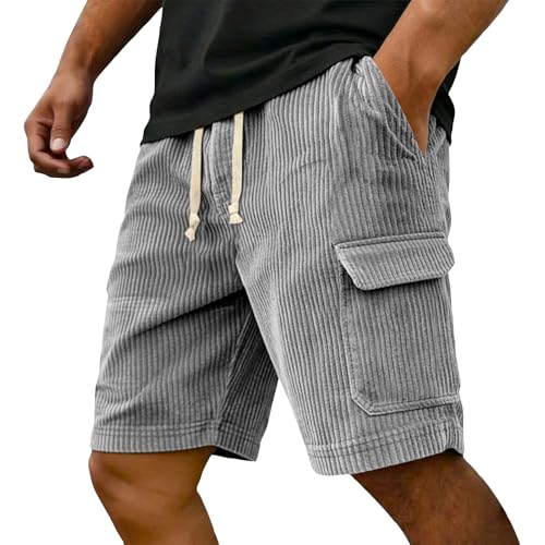Mens Corduroy Shorts Casual Elastic Waist Drawstring Bermuda Shorts Men Fashion Sports Breathable Cargo Pant Stretchy Running Comfy Baggy Pants with Pockets Workout Lounge Summer Beach Pant