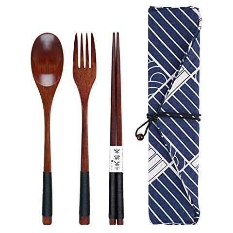 ZEARE Wooden Cutlery Travel Cutlery with Bag, Fork, Spoon, Chopsticks for Outdoor, Camping, Travel, Picnic, Kitchen Home Restaurant (Check Bag) Cover