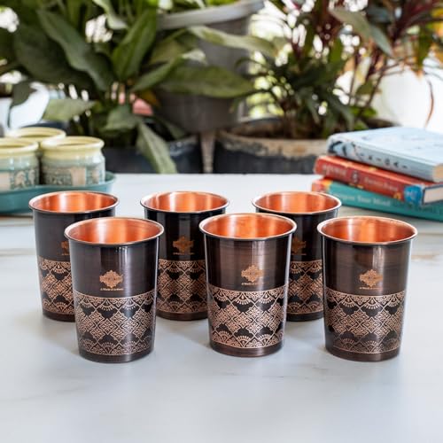 Image of INDIAN ART VILLA Copper Antique Dark Embossed Drinking Glass, Pure Copper Ayurvedic Water Tumbler for Home, Office, Restaurant Use, Traditional Drinkware Gift Item, 275 ML, Set of 6