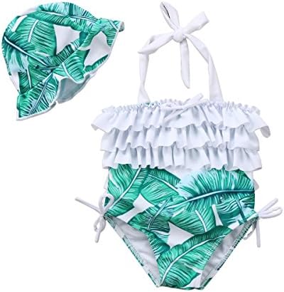 Baby Girl Leaf Swimsuit Ruffles Swimwear Halter Bathing Suit One Piece Bikini with Sun Hat for Toddler Girls Beach Wear (Green, 6-12 Months)