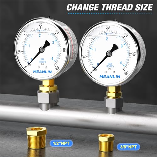 Image of MEANLIN MEASURE 0~60Psi Stainless Steel 1 /4 inch NPT 2.5 inch FACE DIAL Liquid Filled Pressure Gauge, Pool Sand Filter Pressure Test Lower Mount(Pack of 2) with 1 /2 inch NPT and 3 /8 inch NPT Hex Bushing