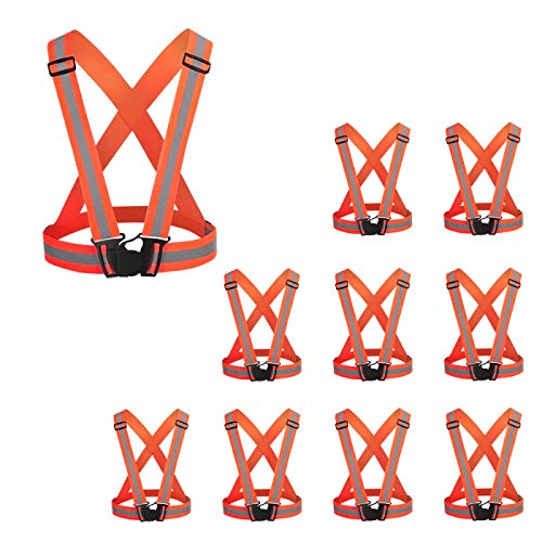 AIEOE Lot de 10 Pièces Gilet de Sécurité Course Réglable Haute Visibilité Sangle Réfléchissant Running Élastique pour Vélo Moto Marche Jogging Fluorescent Orange