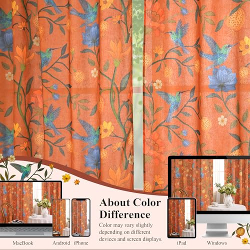 Image of JOOJA 90 Inch Boho Floral Curtains Tropical Bird Print Linen Semi Sheer Window Drapes for Kitchen, Bedroom, Bathroom, Living Room, Dining Room, Terracotta