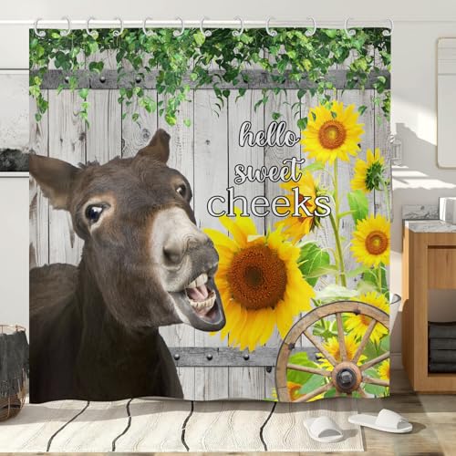 Hnmdmyi Duschvorhang Lustiger Esel 180x180, Bauernhaus Western Tier Vintage Sonnenblume Grüne Blätter auf Rustikalem Holz Badewanne Vorhang Wasserdicht Polyester Stoff Waschbar Badevorhang mit Haken