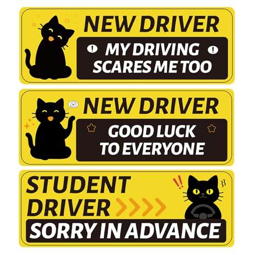 3pcs New Driver Car Magnet, 9.84x3.54 Inch/25x9cm 3 Design Cute Black Cat Student Driver Safety Magnet Cartoon Reflective Bumper Novice Driving Magnetic Sticker for Trucks Vehicles