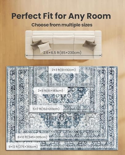 AMADA HOMEFURNISHING 6x9 Area Rugs, Blue Low-Profile Washable Rug with Non-Slip Backing & Durable Edge Binding, Vintage Rugs for Living Room, Bedroom, Dinning Room