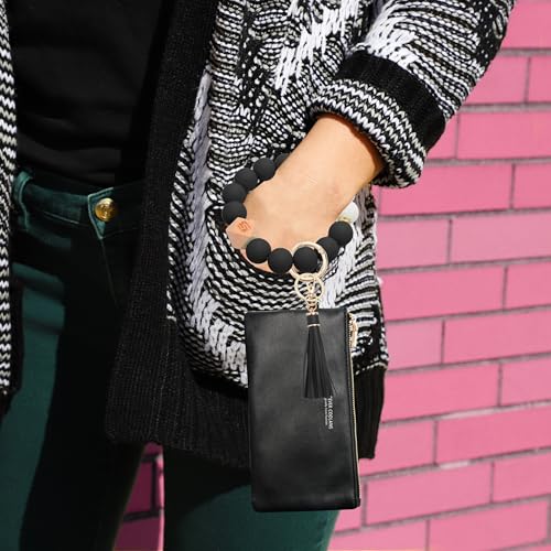Image of COOLANS Silicone Bracelet Wristlet Wallet Credit Card Holder RFID ID Window Key Ring Tassel Slim Wallet Women Keychain Purse