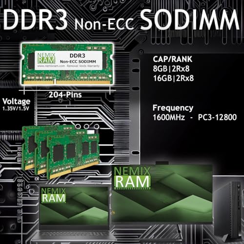 Image of NEMIX RAM 8GB (1X8GB) DDR3 1600MHZ PC3-12800 2Rx8 1.35V 204-PIN Non-ECC SODIMM Compatible with Synology Rackstation Diskstation RAM1600DDR3L-8GB NAS Memory