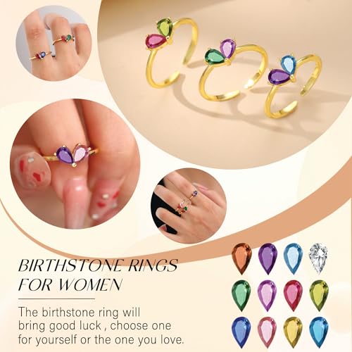 Birthstone Rings for Women Non Tarnish Gold Rings Mothers Day Gifts Birthday Gifts for Teen Girls Dainty 14K Plated Adjustable CZ Stacking Promise Ring Christmas Stocking Stuffers Anniversary Jewelry for Friend Sister Girlfriend Mom