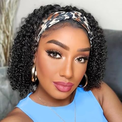 AISI QUEENS Headband Wig Human Hair Headband Wigs for Black Women Jerry Curly Wigs Easy Wear Glueless Human Hair None Lace Front Wig Short Curly Headband Wigs (10 Inch, Curly Headband Wigs) Cover