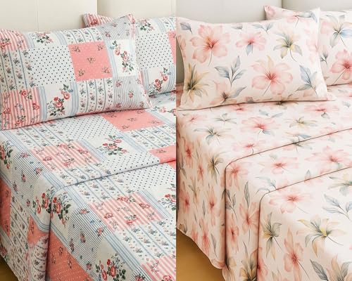 Image of VAS COLLECTIONS Cloud Cotton Double Bedsheet Combo Pack of 2 with 4 Pillow Covers, 210 TC Soft Breathable Cotton Double Bed Sheet Set, Floral Printed Bedsheet for Double Bed, 90 x 100 in (1, Multi H)