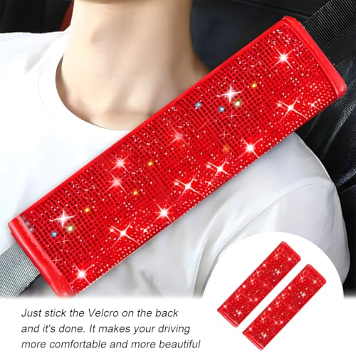 Norkmdi Bling Car Seat Belt Cover, 2PCS Crystal Rhinestone Vehicle Seat Belt Strap Shoulder Cushion Pad for Women, Diamond Automotive Interior Decor Accessories, Universal for Most Cars (Red)