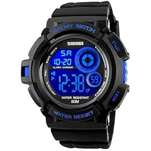 FANMIS Mens Military Multifunction Digital Watches 50M Water Resistant Electronic 7 Color LED Backlight Black Sports Watch
