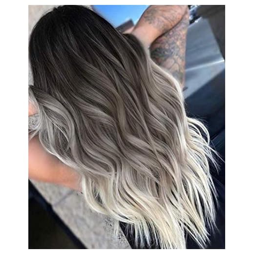 FFWIGS Långa vågiga lockiga mörka askgrå ombre hår peruker syntetiska naturliga rötter kvinnor cosplay peruker ersättning journal kostym 66 cm 220 g, grå