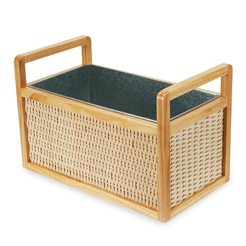 Twine Rattan and Wood Cooler Basket, Tubs for Parties, Beverage Chiller Ice Bucket for Drinks with Handles, Holds 8 Wine Bottles or 6.5 Gallons Set of 1