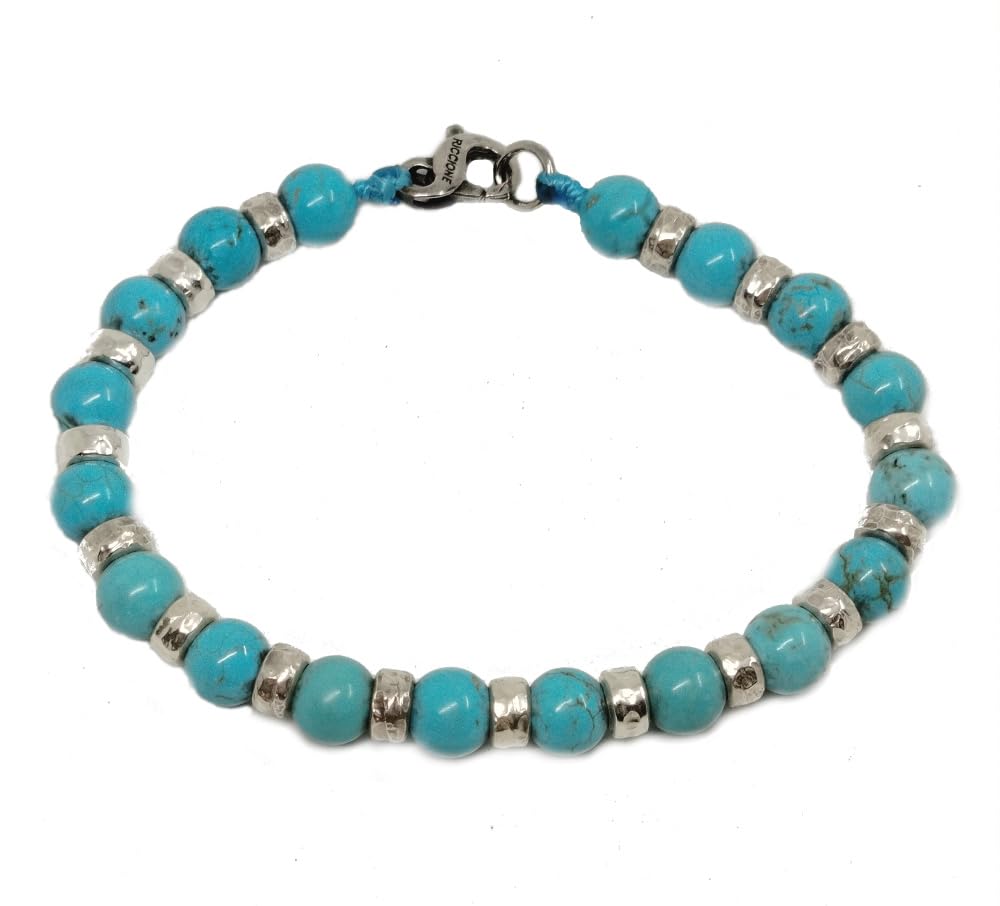 Spadarella bracciale con anellini in argento da 3 mm e pietra naturale turchese tonda da 4 mm.Prodotto artigianale.Made in Italy.Unisex.Lunghezza 19cm.