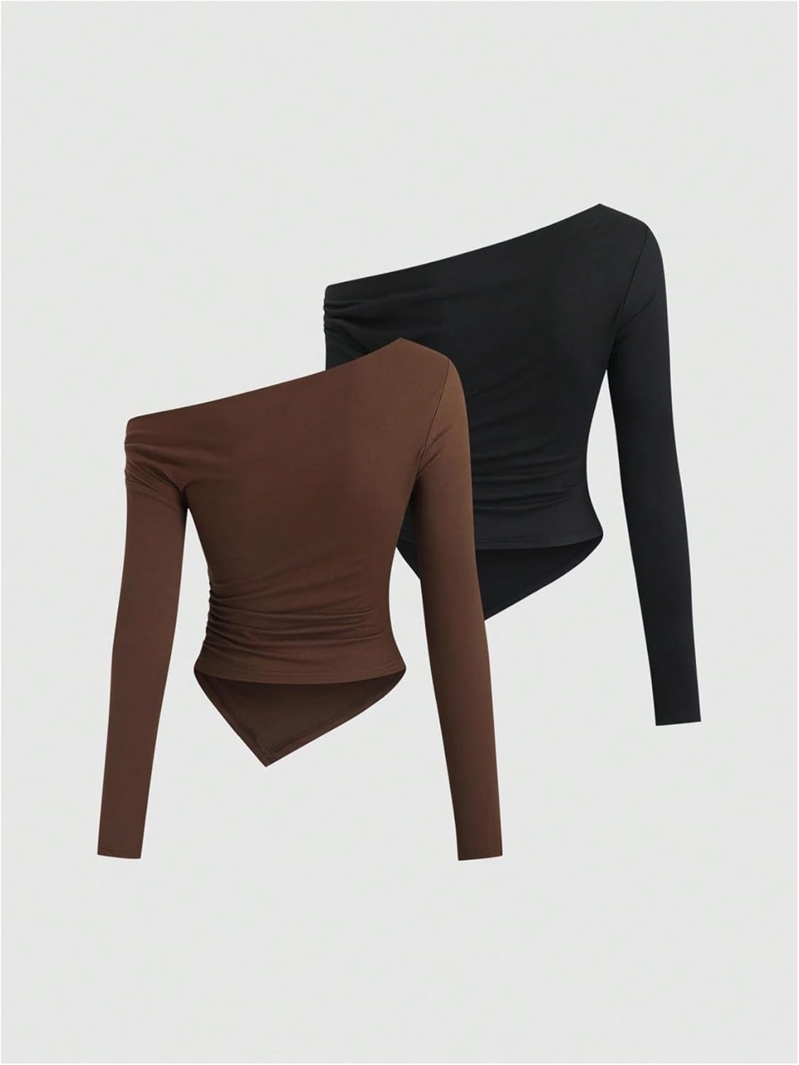 MakeMeChic Women's 2 Pack Off The Shoulder Tops Metal Ruched Long Sleeve T Shirts - Image 2