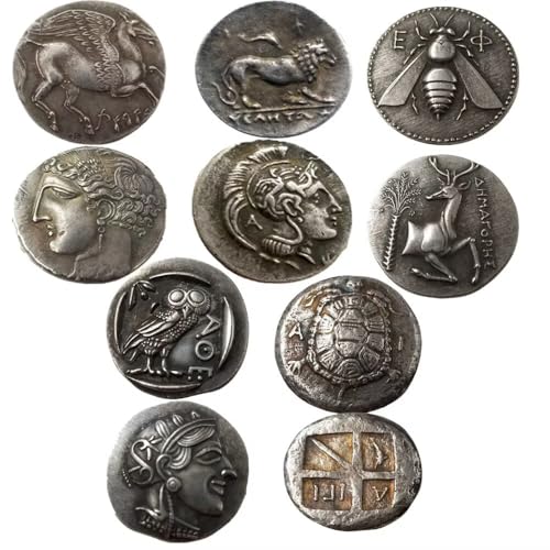 10 Piece Set Ancient Greek Coin Replica Mythical Animal Collection Owl Pegasus Turtle Lion Bee Stag Tetradrachm Athena Pegasus Owl Goddess Artemis