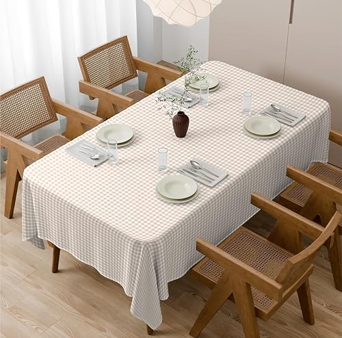 Image of Casableu Gingham Checks Cream Table Cloth for 6 Seater Dining Table | 52x72 Inch Rectangular Table Cover | Dust-Proof, Washable Fabric | Decorative Checkered Dining Table Cover for Home