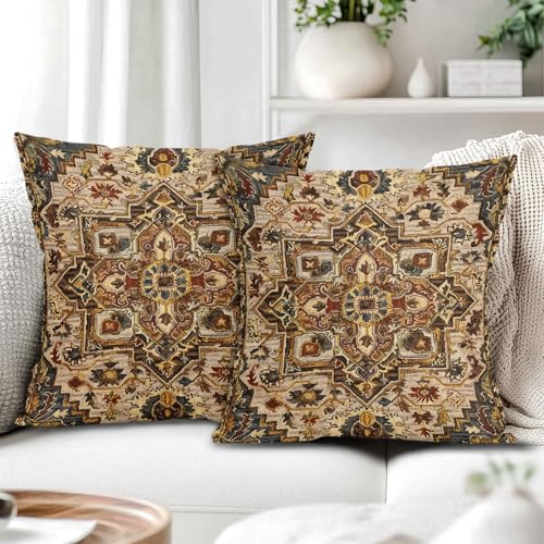 Brown Gold Red Vintage Bohemian Pillow Covers 18X18 Inch Boho Flower Rug Print Carpet Pattern Pillow Cases Set of 2 Antique Tapestry Rustic Retro Farmhouse Throw Pillows For Cushion Sofa Couch Outdoor - Thumbnail 7