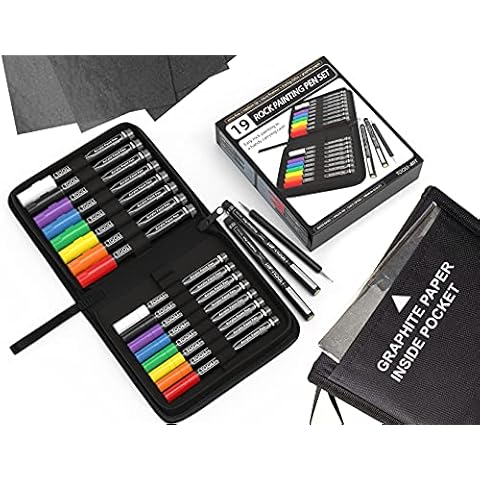 Rock Painting Starter 19 Pen Set In Zipper Case. 16 Acrylic Pens(0.7mm+3mm) 2 micro fineliners, Tracing Stylus, Graphite Carbon Tracing Paper, for Rocks, Mugs, Canvas, Fabric. Non Toxic, Quick Drying Cover
