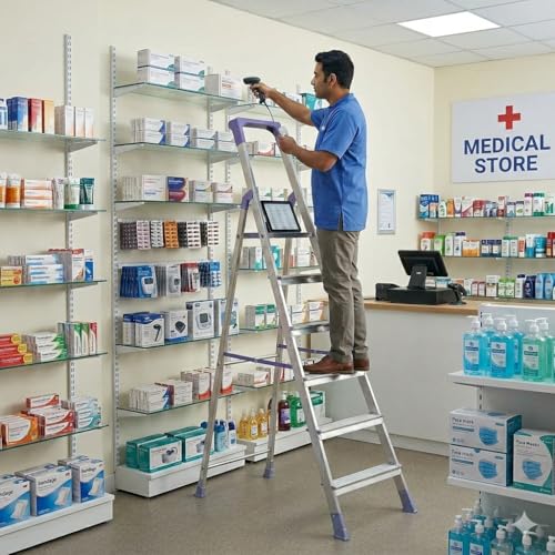 Image of CIPLA PLAST Step Ladder for Home Use | Foldable Aluminium Ladder for Home with Scratch Resistant | Anti Skid Shoes and Extra Strong Wide Steps | Home Pro Steps - (Silver & Blue) (6 Steps)