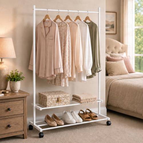 Image of Lukzer Single Rod Metal Garment Rack with Wheels & 2 Bottom Shelves, Portable Clothes Stand /Coat Hanger Rack with Shoe Storage for Bedroom, Entryway & Open Wardrobe (White /109x34x162 cm)