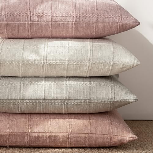Image of Foindtower Set of 1 Decorative Linen Check Throw Pillow Cover Neutral Farmhouse Vintage Cushion Cover Modern Boho Accent Home Decor for Sofa Chair Couch Bedroom Living Room,18x18 Inch,Coral Pink