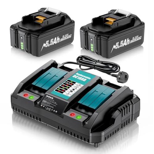 6.0Ah Replacement for 18V Battery and Charger, 2 Pack Li-ion BL1860B Battery + 6A DC18RC Dual Port Replacement Charger for BL1850 BL1860 BL1820 BL1850B BL1830 BL1840 Cordless Tools