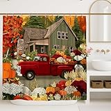 Duschvorhang mit Herbstmotiv Bauernhaus, roter Pickup-Truck und Herbst-Kürbis-Blumen-Badezimmer-Dekor, Ernte, saisonaler rustikaler Stil, wasserdichter Stoff-Duschvorhang mit Haken, 183 x 183 cm