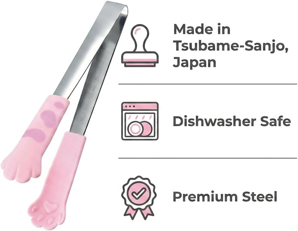 Japanese Cat Tongs 7.1" Medium – Kawaii Kitty Serving Tongs, Stainless Steel with Heat-Resistant Nylon Paw Tips, Dishwasher Safe, Salad BBQ Food Tongs – Made in Japan (Pink, Medium – 7.1" (18cm))
