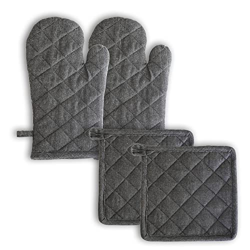 Image of 2 Oven Mitts and 2 Pot Holders Set-Cotton Heat Resistant Pot Stand and Kitchen Gloves-Heat Proof-Free Size-Combo Set (Grey)
