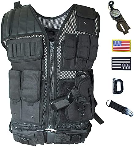 Black Tactical Vest with Holster Adjustable Waist for Combat Airsoft Paintball Training Adults Men Size XX-Large-3X-Large