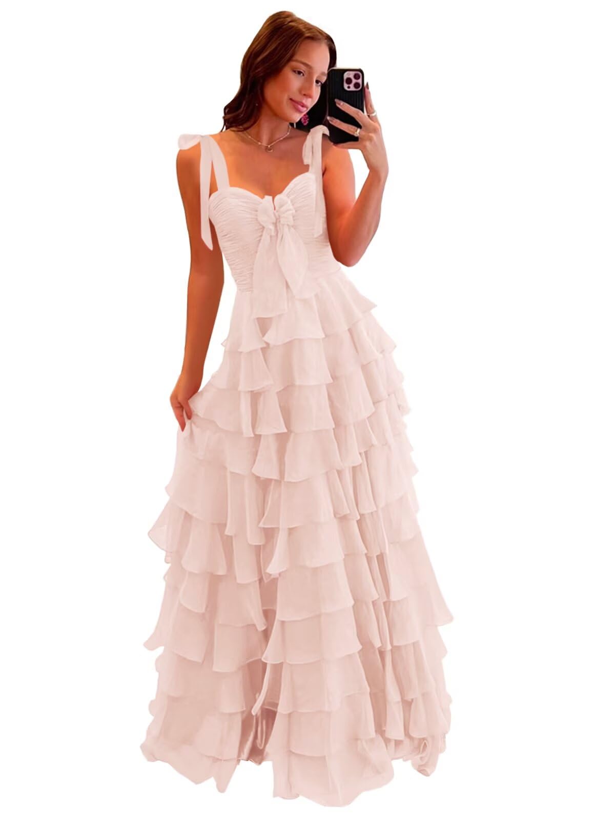 Fukbdz Tiered Prom Dresses with Bow Spaghetti Straps Long Layered Slit Chiffon Ball Gowns for Women 2025