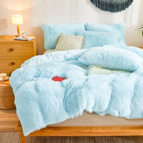 Shaggy Fluffy Light Blue Comforter Cover Queen Set – Faux Fur Shaggy Light Blue Bedding 3-Piece Set (1 Duvet Cover + 2 Furry Pillow Shams) Cozy Bed Set