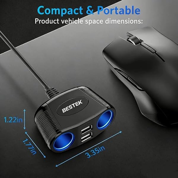 BESTEK 150W 2-Socket Car Cigarette Lighter Splitter Power Adapter DC Outlet Car Charger Dual 2.4A USB with 26 Inches Cord for Cellphone GPS Dash Cam by BESTEK - Image 3