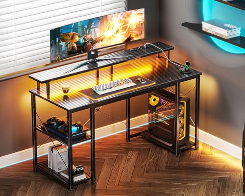 Image of ODK 48 inch Computer Desk with Power Outlets & LED Lights, Gaming Desk with Monitor Stand & Storage Sheves, Home Office Desk, Carbon Fiber Black